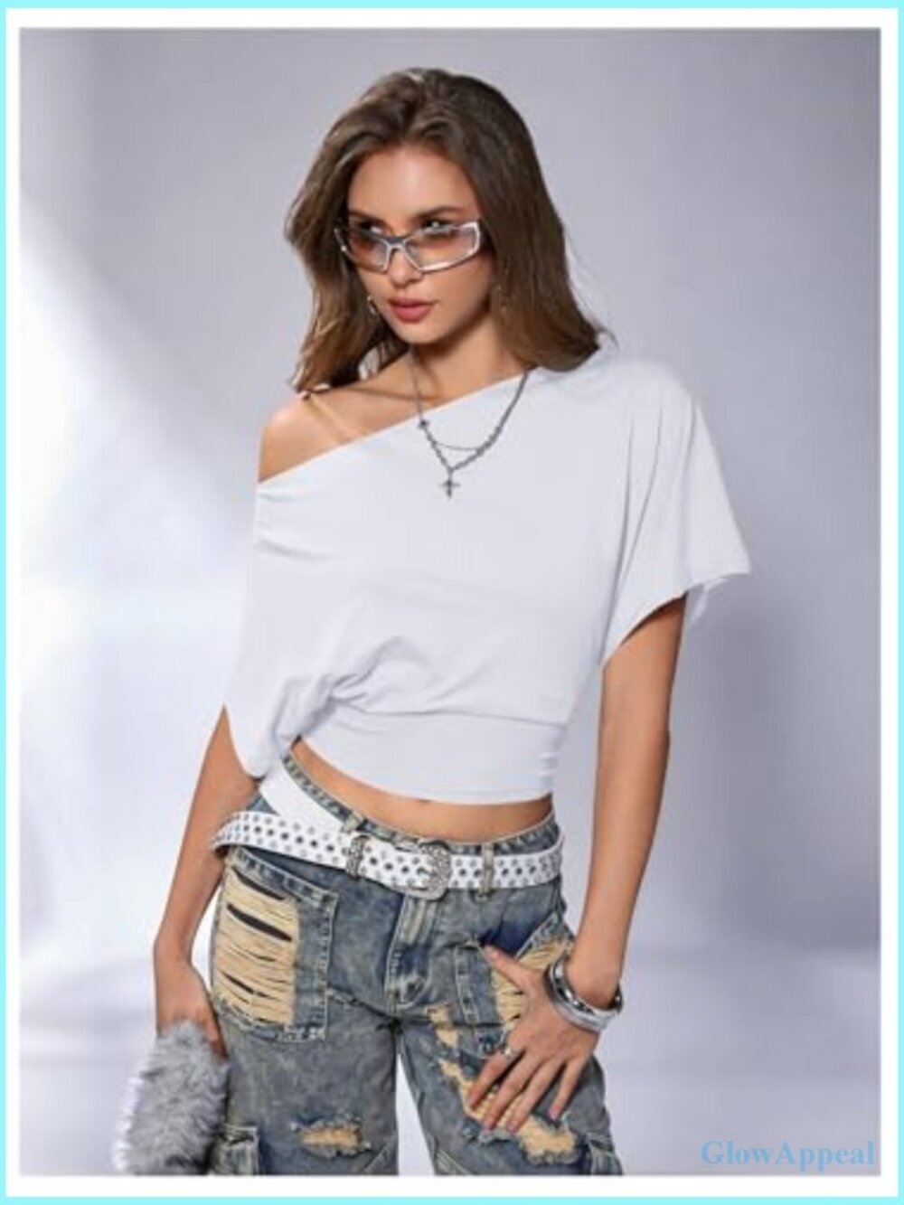 Off Shoulder Crop Top Asymmetrical Y2K Going Out Dolman Short Sleeve - Picture 3 of 6